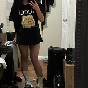 Black Graphic Tee with Sparkly Shiba Inu Patch